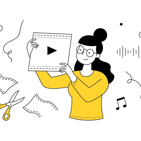 Video editing doodle concept. Motion designer or animator holding film in hands create animated movies or clips. Graphic studio service, multimedia and animation montage, Linear vector web banner